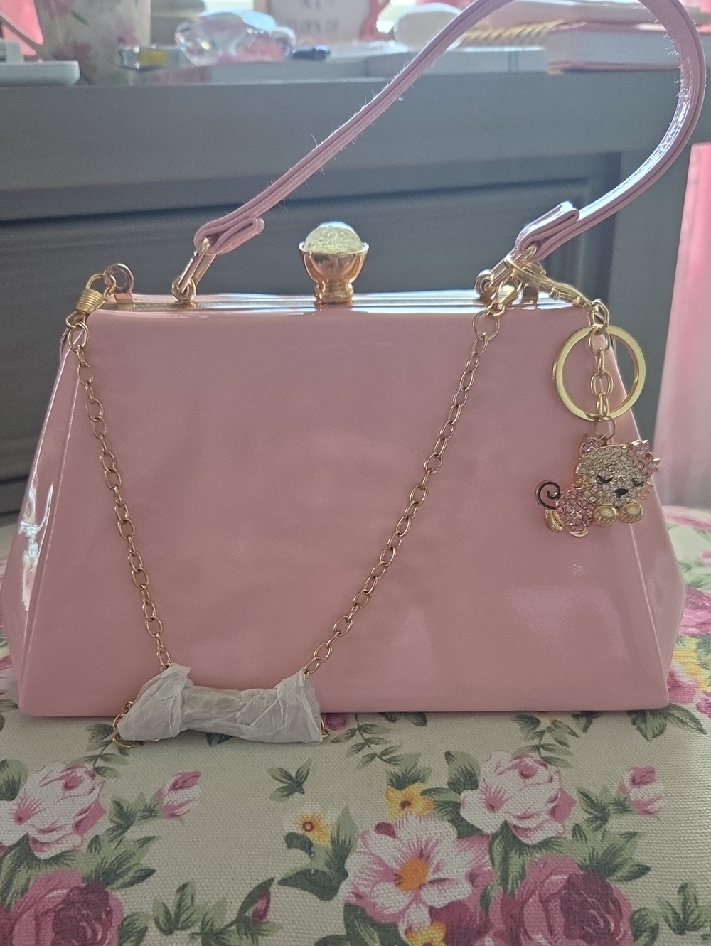 Pink Patent Mini Top-Handle Clutch with Gold Chain and Charm
